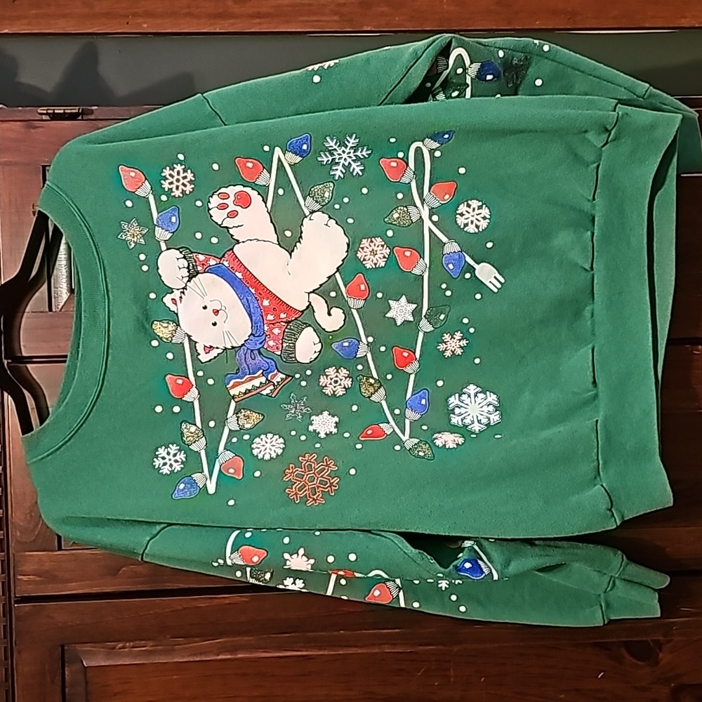 VTG Christmas green sweatshirt XL with cat design